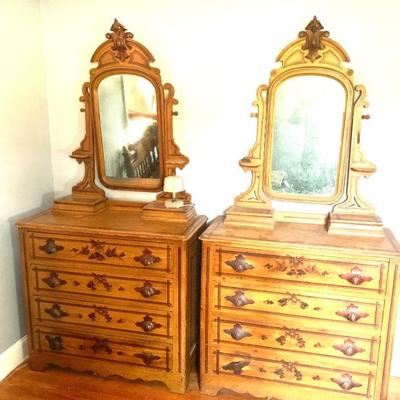 Pr. of painted cottage pine dressers in original paint decoration.  Rare to find a pair