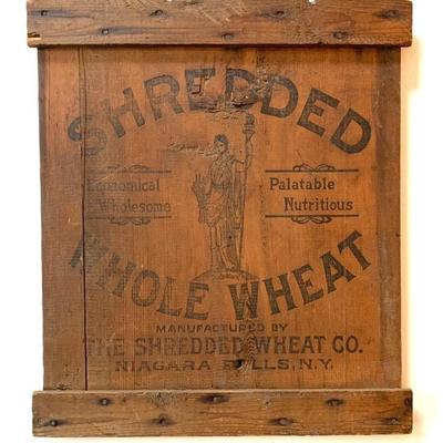 Antique side of Shredded Wheat wooden box