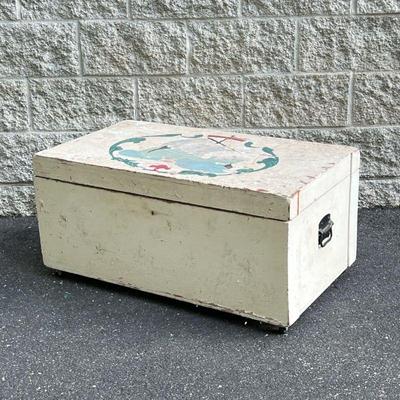 RUSTIC PAINTED CHILDS STORAGE BOX | White painted storage box with a lift top, hinged lid, decorated with a sailboat. - l. 35 x w. 19.5 x...