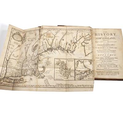 (2PC) [C. 1747 SECOND EDITION] HISTORY OF NEW ENGLAND | DANIEL NEAL, A.M. // Second Edition, 1747 // with fold-out maps!. Contains an...
