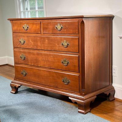 PAINE FURNITURE DRESSER | Paine Furniture Company chest of drawers, having two half drawers over three full-width drawers on ogee bracket...