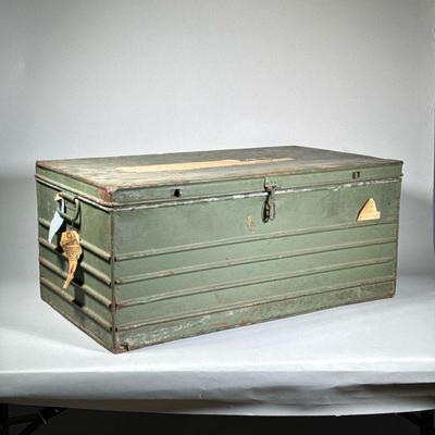 VINTAGE METAL MILITARY TRUNK | Corrugated metal sides, green military fatigue paint. - l. 31 x w. 14 x h. 18 in 
