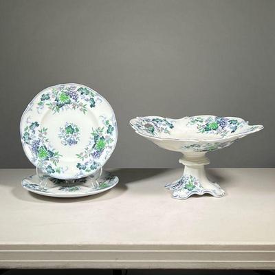 (3PC) COLORFUL STAFFORDSHIRE CHINA | Including two dinner plates and a compote. - l. 13.5 x h. 7 in (compote) 