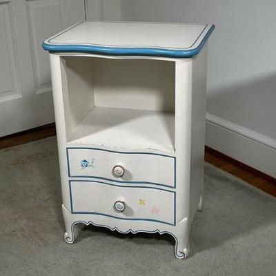 BEDSIDE TABLE | Paint decorated with flowers and blue trim. - l. 19 x w. 19 x h. 28 in 