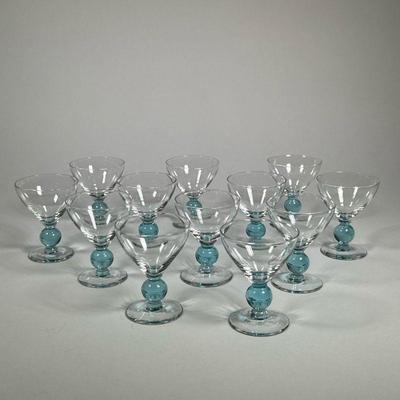 (12PC) MURANO BLOWN COLORED GLASSES | Each with a tapering cup and a central light blue sphere. - h. 4 x dia. 3.25 in 