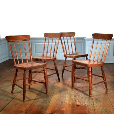 (4PC) ANTIQUE SPINDLE TURNED CHAIRS | Decorative, turned legs and box stretchers Seat height 17 inches. - l. 18 x w. 16 x h. 32.5 in 
