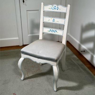 WHITE PAINTED LADDERBACK CHAIR | Cushioned chair painted with floral detail. - l. 20.5 x w. 18 x h. 36 in 