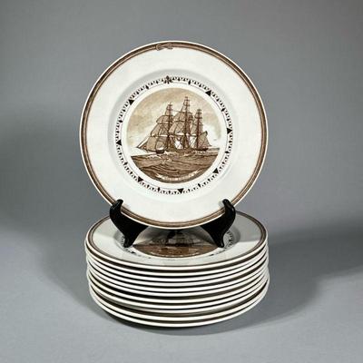 (12PC) WEDGWOOD / GEORGE C. WALES AMERICAN CLIPPER SHIP PLATES | 20th century, each with a unique transfer-ware clipper ship in sepia...