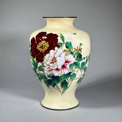 ENAMEL DECORATED VASE | Decorated with blooming flowers and leaves and a single bee, fine wire inlay. - h. 16 x dia. 10.5 in 