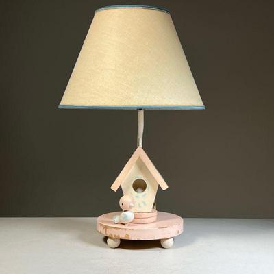 VINTAGE BIRDHOUSE-FORM TABLE LAMP | Painted pink with blue decoration, some wear to paint. 