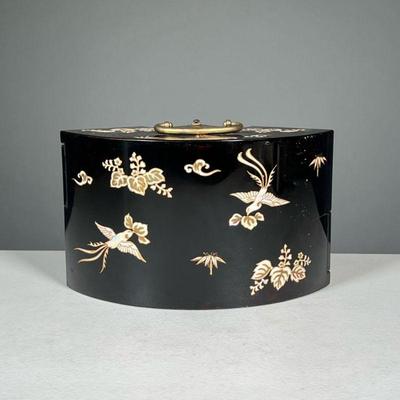 LACQUERED APPLIQUÃ‰ FAN FORM BOX | Having two rotating drawers, decorated with birds, and leaves with a little handle on top. - l. 8 x w....