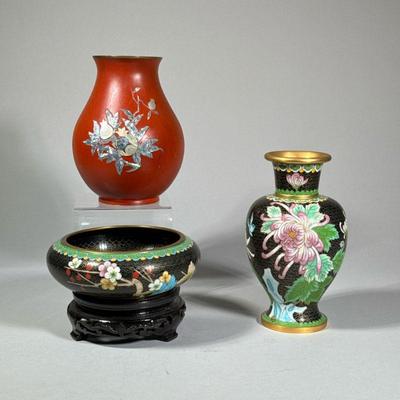 (3PC) CLOISONNÃ‰ AND OTHER VESSELS | h. 8 x dia. 4.5 in 