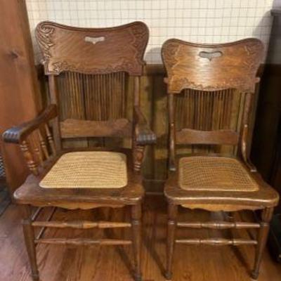 Set of 6, 4 side chairs and 2 arm chairs, antique oak pressed back