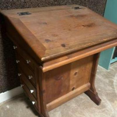 Pine slant front desk with 5 drawers