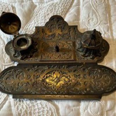 Antique Brass ink well with pen holder