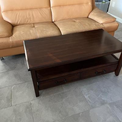 LEATHER SOFA, CONTEMPORARY COFFEE TABLE