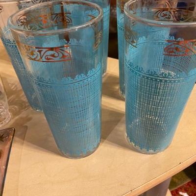 Mid Century Turquoise Gold High Ball Glasses