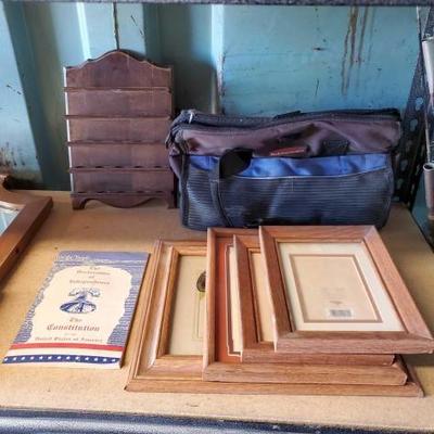 #3078 â€¢ (4) Picture Frames, A Copy of The Declaration of Independence, Rubbermaid Tool Bag, Thimble Holder Wall Display
