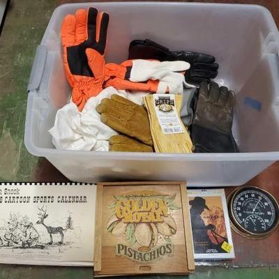 #6324 â€¢ Gloves, Jim Snook 1988 Calender, "Brules" Audio Book, Hygrometer and Temperature Indicator, Golden R...
