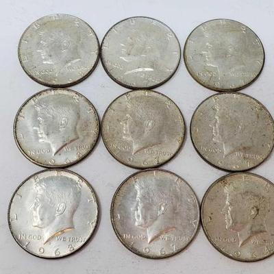 #1452 â€¢ (9) Silver Half Dollars, 104g
