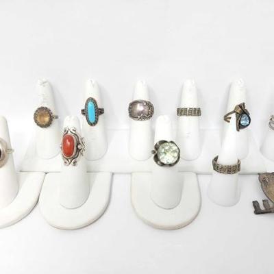 #902 â€¢ (10) Sterling Silver Vintage Rings and Sterling Owl Pin
