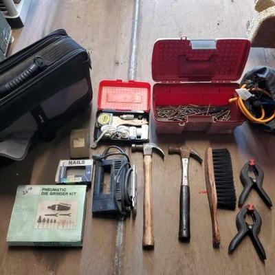 #3504 â€¢ (2) Hammers, Nails, Pneumatic Die Grinder Kit, Bag Of bungee cords, Computer Bag
