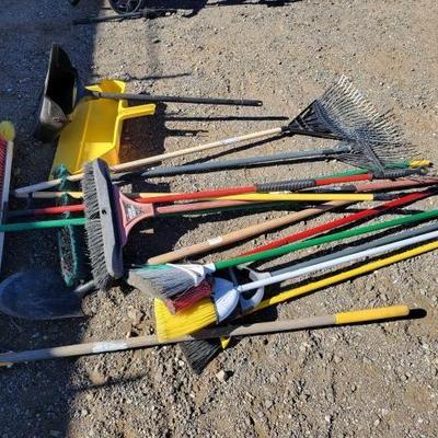 #80102 â€¢ (2)Dust Pans, (5) Push Brooms, (4) Brooms, Shovel, & Garden Hoe
