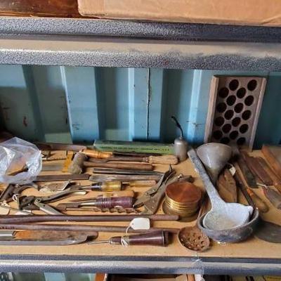 #3074 â€¢ Lot of Antique Tools, Wire Brushes, Funnel, Tape Measure
