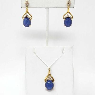 #718 â€¢ 14k Gold Star Sapphire Pendant & Earrings with Diamond Accents, 10g
