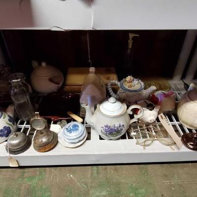 #6340 â€¢ Tea Pots, Antique Bells, Piggie Banks, Serving Plates, Oven Thermometer
