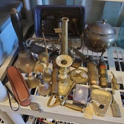 #3562 â€¢ Wiper Arm Pressure Gage, Antique Fire Extinguisher, Brass Candle Holder, Antique Bells, Antique Lock and Keys
