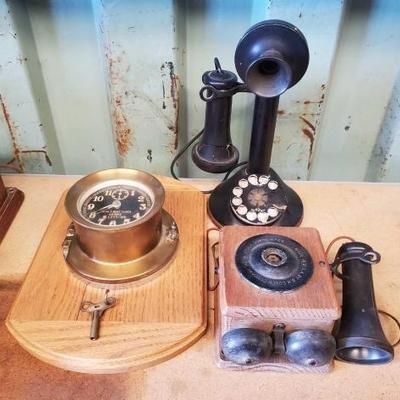 #3048 â€¢ Mark 1-Boat Clock, Electric Wall Mount Telephone, Electric Dial Candlestick Telephone
