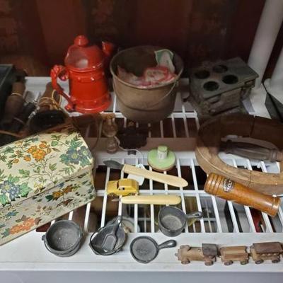 #6338 â€¢ (6) Duck Calls, Mini Cast Iron Pans, Mini Train, Mini Wood Burning Stove, Antique Perfume Bottle
