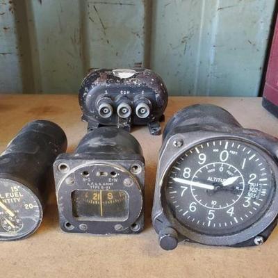 #3022 â€¢ Master Cylinder, Air Compass, WW2 Fule Gauge, Vintage Aircraft Altimeter
