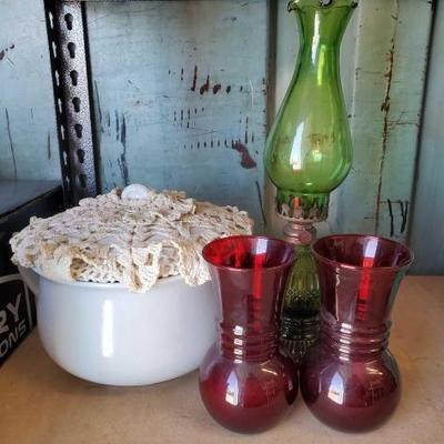 #3010 â€¢ (2) Candle Holders, Oil Lamp, and Baking Pot
