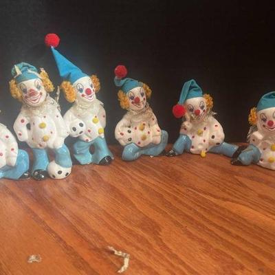 Vintage Aglion Ceramic Clown Figurines Hand Painted Happy Soccer Clowns x6 (4â€-6â€)