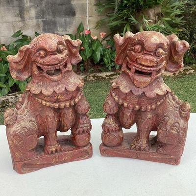 MMF063 Pair Of Hand Carved Wooden Foo Dogs