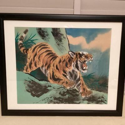 MMF071 Framed Original Asian Painting Of Tiger On Silk?
