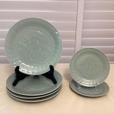 MMF126 Green Celadon Porcelain Goldfish Plates