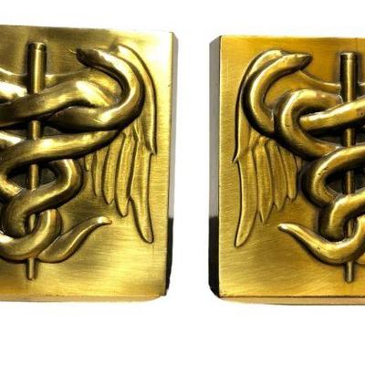 Pair Vintage Brass Caduceus Bookends, Physician Doctor