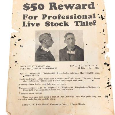 Original 1936 Cattle Thief Warrant Wanted Poster
