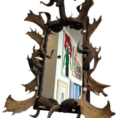 Ornate Epic Taxidermy & Black Forest Style Antler Mirror
