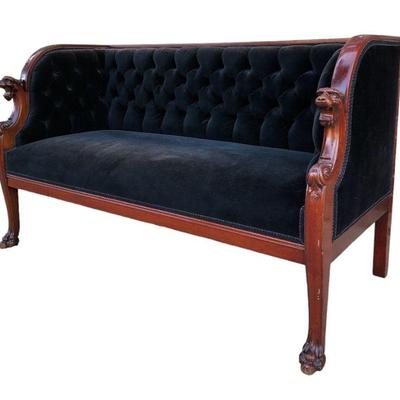 Mahogany and Velvet Chesterfield Settee Carved Griffin Arms