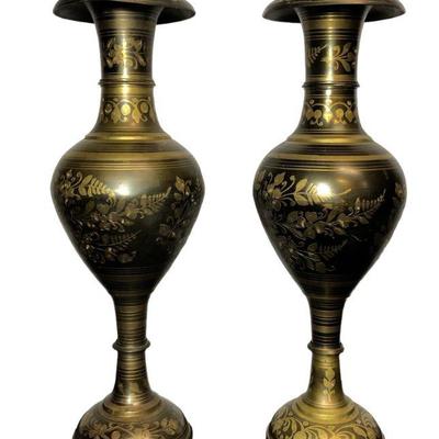 Pair Etched Brass Indian Vases