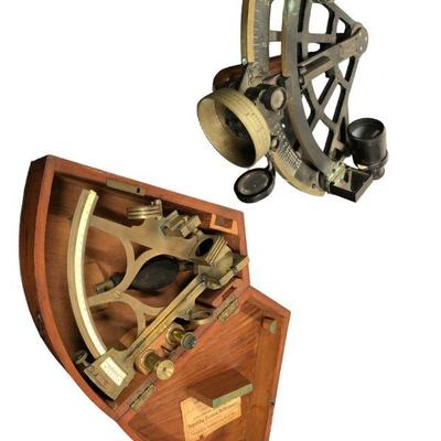19th Century Brass JOHN BLISS & CO. Sextant in Mahogany Case & US NAVY Stadimeter