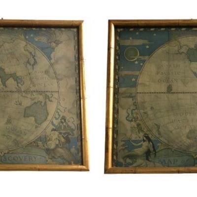 Two Antique Geographical Western & Eastern Hemisphere Maps