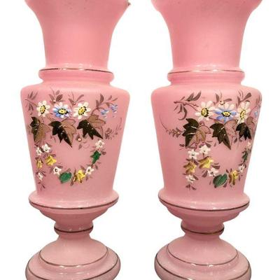 Victorian Opaline Pink Painted Glass Vases, Pair