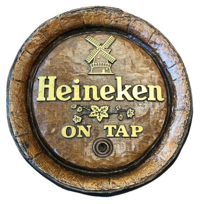 Heineken on Tap Wood Barrel Advertisement Sign