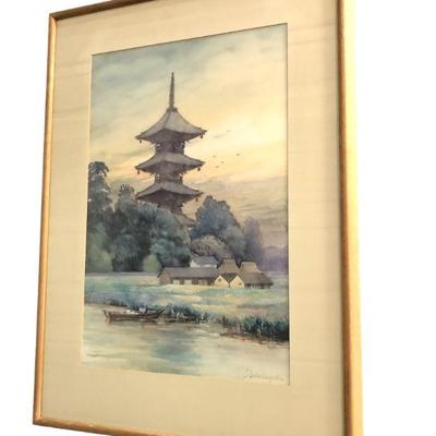 Japanese Temple Watercolor Signed S. SAKABAYASHI