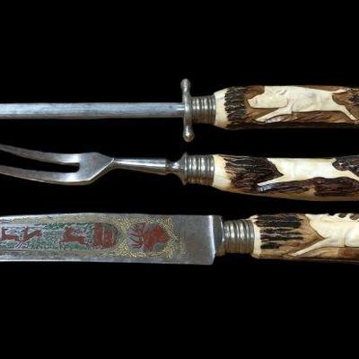 SOLINGEN Germany Carved Antler Carving Set of Three